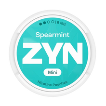 ZYN Spearmint Mini tobacco-free nicotine pouches (6mg), showing turquoise can lid with medium strength indicator.