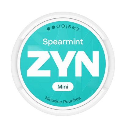 ZYN Spearmint Mini tobacco-free nicotine pouches (6mg), showing turquoise can lid with medium strength indicator.