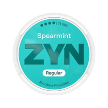 ZYN Spearmint X-Strong 11mg nicotine pouches can with teal label and extra strong rating dots.