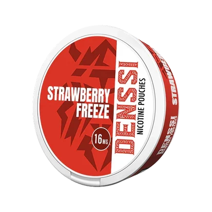 DENSSI Strawberry Freeze 16mg slim nicotine pouches in a red and white can with icy strawberry flavour.