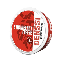DENSSI Strawberry Freeze 16mg slim nicotine pouches in a red and white can with icy strawberry flavour.
