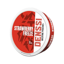 Denssi Strawberry Freeze 8mg nicotine pouches can with red and white strawberry flavour design on a white background.