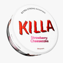 KILLA Strawberry Cheesecake Extra Strong Nicotine Pouches white can with red and pink logo.