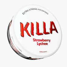 KILLA Strawberry Lychee Extra Strong Nicotine Pouches white can featuring red branding on a clean white background.
