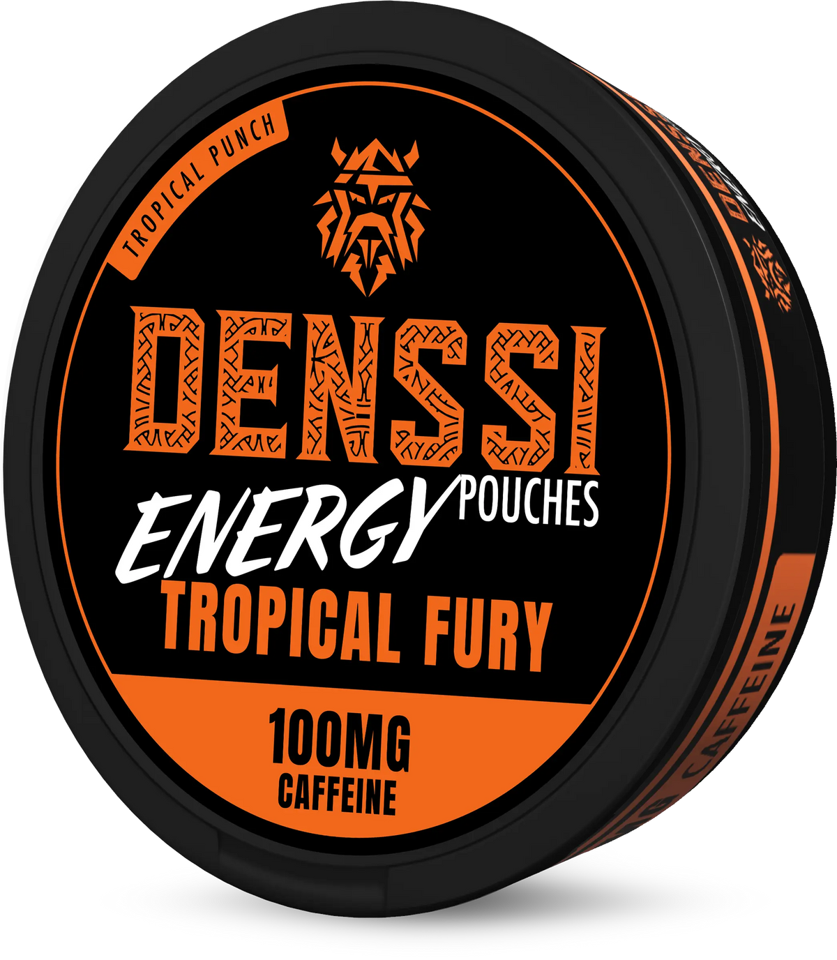 Denssi Energy Tropical Fury Caffeine Pouches (100mg), Tobacco-free energy pouches in a black and orange can.