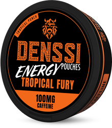 Denssi Energy Tropical Fury Caffeine Pouches (100mg), Tobacco-free energy pouches in a black and orange can.