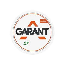GARANT Orange 12.5MG (25MG/G) tobacco free nicotine pouches, in a white circular can with orange branding and slim pouch design.