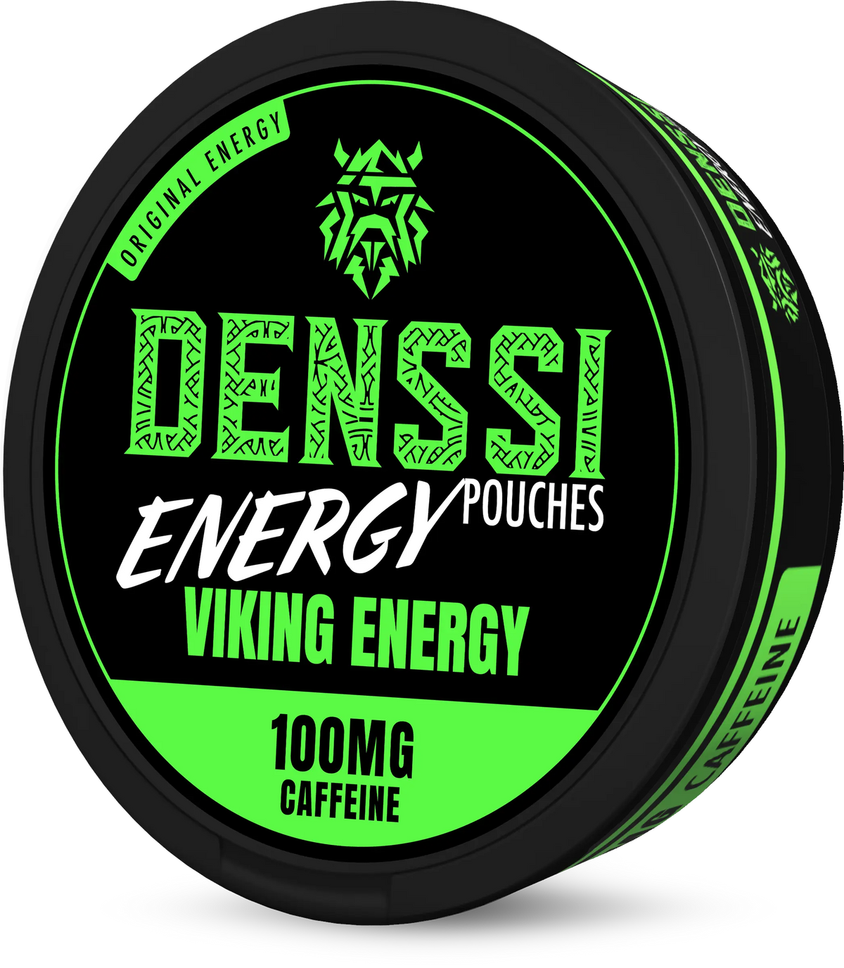 Denssi Viking Energy Caffeine Pouches 100mg in a black and neon green tin with energy drink flavour profile.