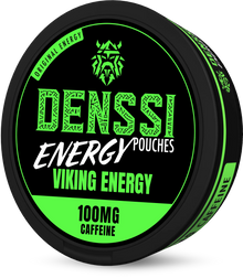 Denssi Viking Energy Caffeine Pouches 100mg in a black and neon green tin with energy drink flavour profile.