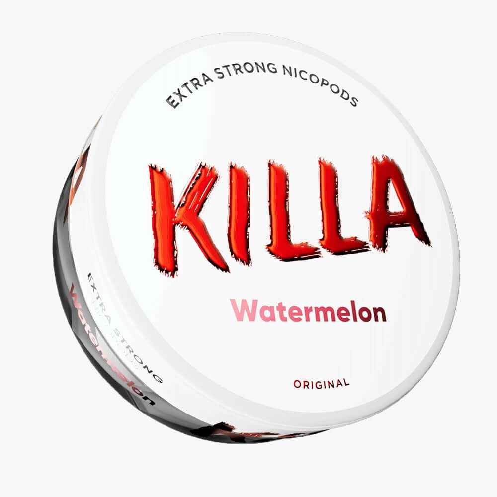 KILLA Watermelon Extra Strong Nicotine Pouches white circular tin with red branding and fruity melon flavour text.
