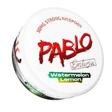 Pablo Exclusive Watermelon Lemon Nicotine Pouches, 50mg Strong Nicopods tin on a white background.