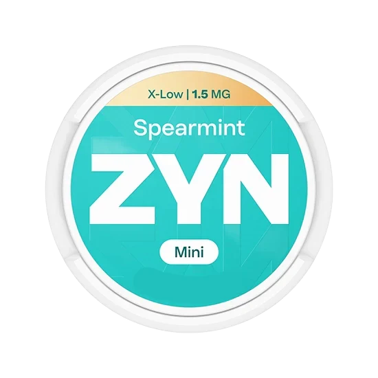 ZYN Spearmint Mini X-Low Nicotine Pouches, 1.5mg Tobacco-Free Can on Black Background