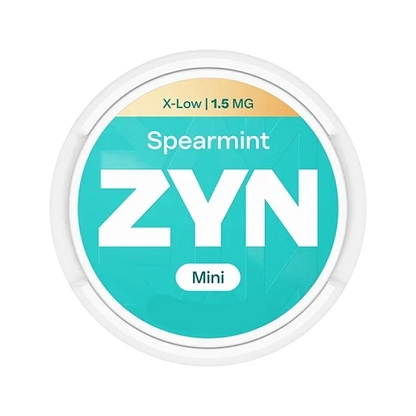 ZYN Spearmint Mini X-Low Nicotine Pouches, 1.5mg Tobacco-Free Can on Black Background