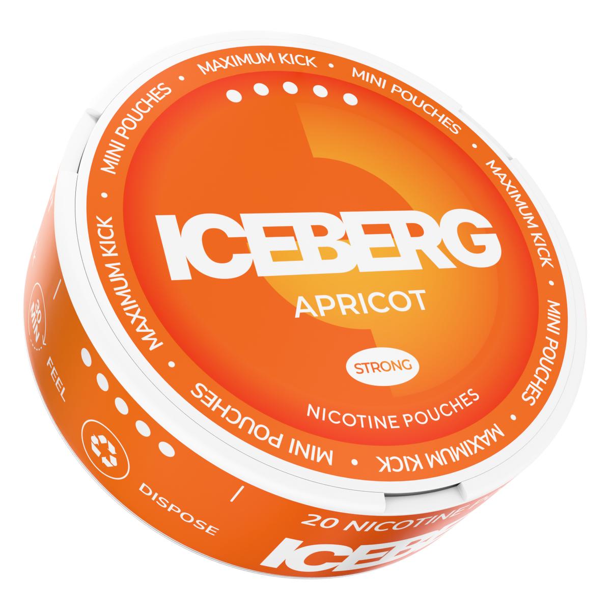 Side view of Iceberg Mini Apricot nicotine pouches can, 20mg (50mg/g) strength, featuring orange and white branding.