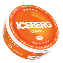 Side view of Iceberg Mini Apricot nicotine pouches can, 20mg (50mg/g) strength, featuring orange and white branding.