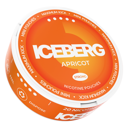 Side view of Iceberg Mini Apricot nicotine pouches can, 20mg (50mg/g) strength, featuring orange and white branding.