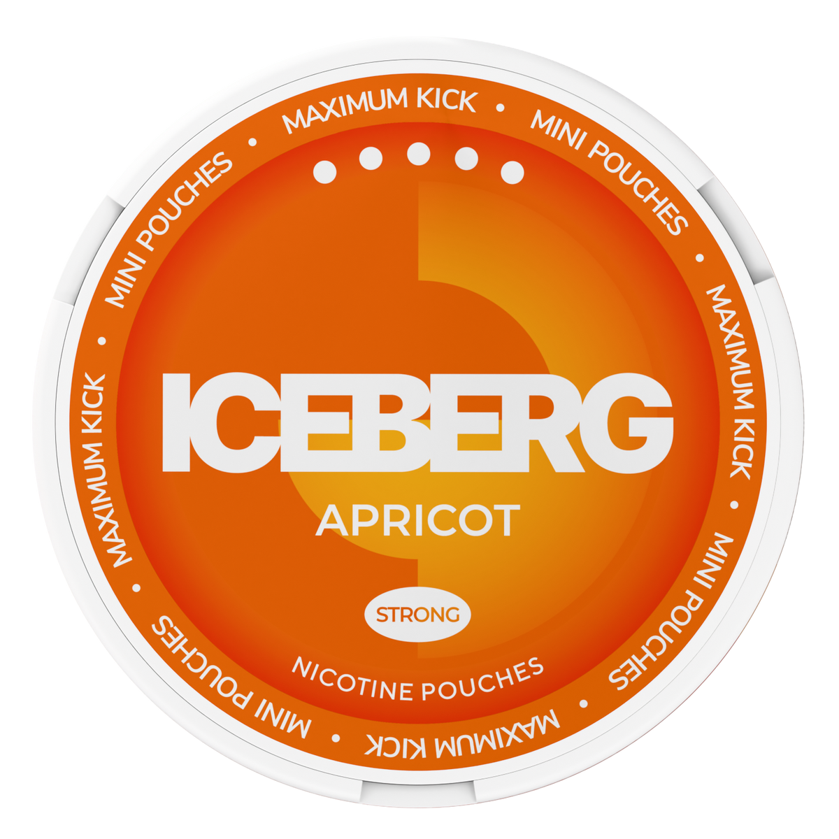 Top view of Iceberg Mini Apricot Nicotine Pouches, 20mg (50mg/g) strong maximum kick, orange and white lid design.