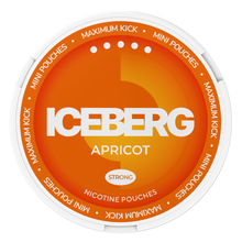 Top view of Iceberg Mini Apricot Nicotine Pouches, 20mg (50mg/g) strong maximum kick, orange and white lid design.