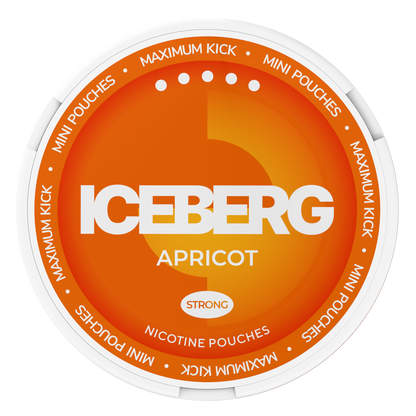 Top view of Iceberg Mini Apricot Nicotine Pouches, 20mg (50mg/g) strong maximum kick, orange and white lid design.