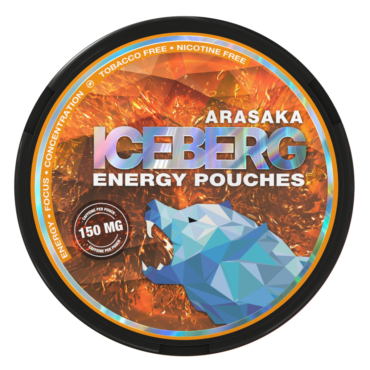Iceberg Arasaka 150mg nicotine free caffeine pouches in a black tin with a blue geometric bear and energy-style label.