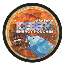 Iceberg Arasaka 150mg nicotine free caffeine pouches in a black tin with a blue geometric bear and energy-style label.