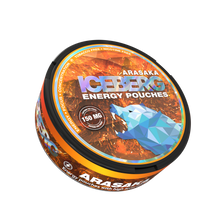 Side view of ICEBERG Arasaka 150mg energy caffeine pouches, no-nicotine, with a blue wolf design.
