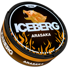 Iceberg Arasaka Nicotine Pouches Ultra 56mg, side view showing black and orange tin with apricot flame design.