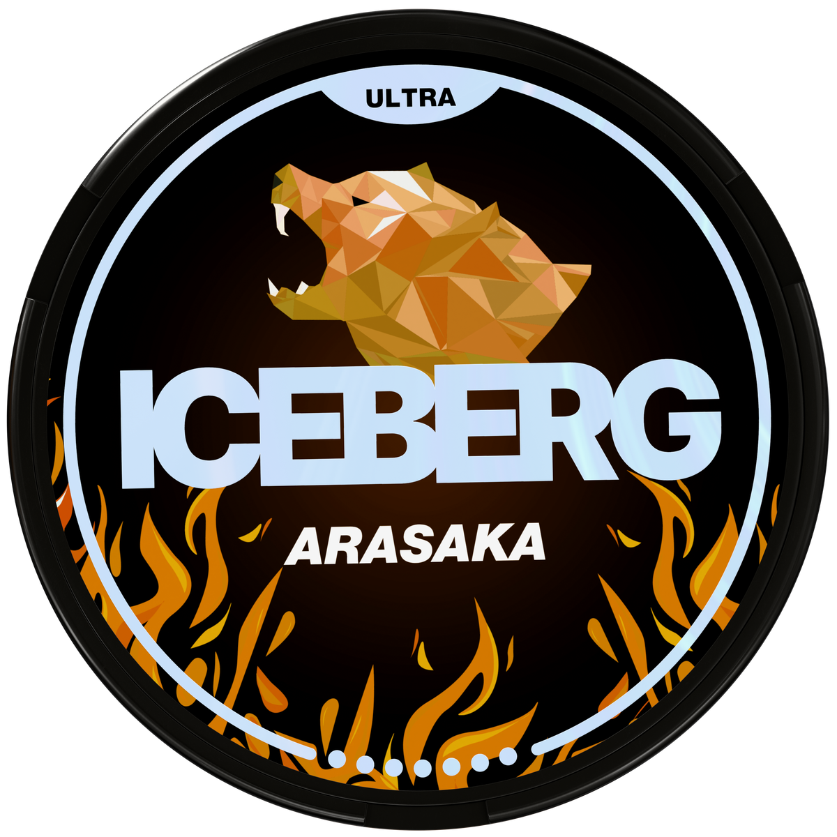 Iceberg Ultra Arasaka nicotine pouches can featuring a geometric bear logo and orange flame design.
