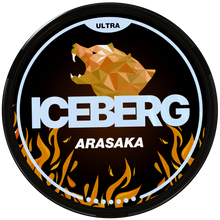 Iceberg Ultra Arasaka nicotine pouches can featuring a geometric bear logo and orange flame design.