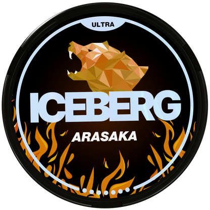 Iceberg Ultra Arasaka nicotine pouches can featuring a geometric bear logo and orange flame design.