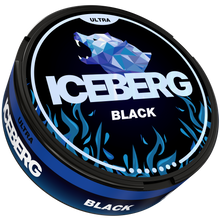 Iceberg Black Ultra strong nicotine pouches tin with blue bear logo and flame design on a black background.