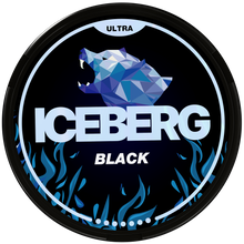 Iceberg Black Ultra Strong Nicotine Pouches with geometric bear logo on a black and blue flame tin lid.