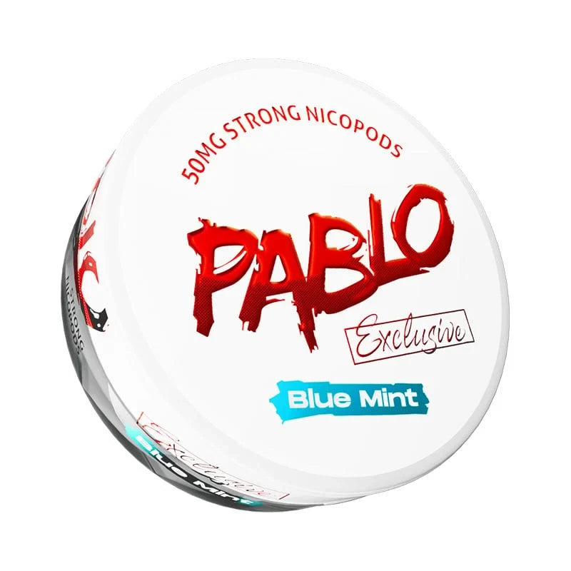 Pablo Exclusive Blue Mint Nicotine Pouches, 50mg Strong Nicopods can on a white background.