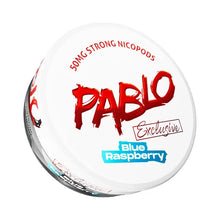 Pablo Exclusive Blue Raspberry Nicotine Pouches can, 50mg extra strong nicopods on a white background.