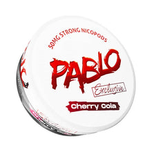 Pablo Exclusive Cherry Cola tobacco-free nicotine pouches, 50mg extra strong slim nicopods on a white background.
