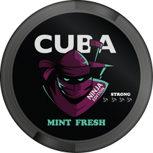 CUBA NINJA Mint Fresh Nicotine Pouches, Strong 30mg Edition, black and purple can featuring ninja mascot design.