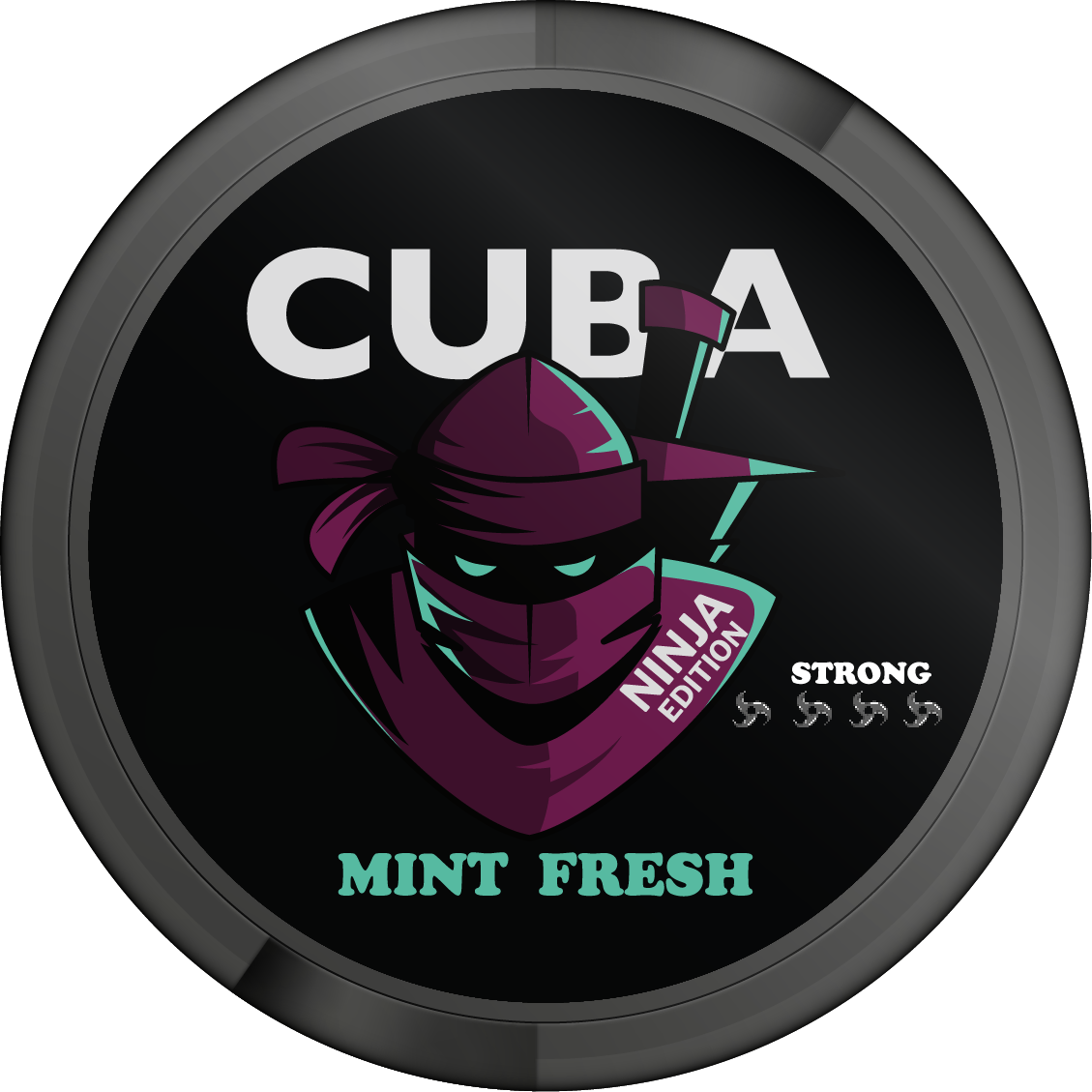 CUBA NINJA Mint Fresh Nicotine Pouches, Strong 30mg Edition, black and purple can featuring ninja mascot design.