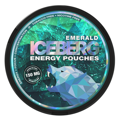 Iceberg Energy Emerald 150mg caffeine pouches. Tobacco and nicotine free can featuring a geometric polar bear design.