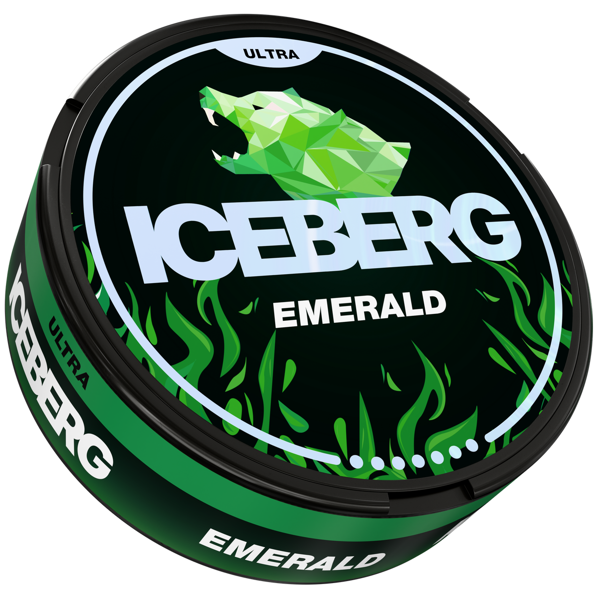 Iceberg Emerald Ultra Nicotine Pouches can with 56mg (70mg/g) strength, featuring green polar bear logo and flame design.