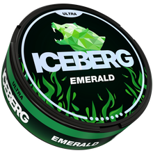 Iceberg Emerald Ultra Nicotine Pouches can with 56mg (70mg/g) strength, featuring green polar bear logo and flame design.