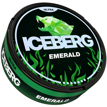 Iceberg Emerald Ultra Nicotine Pouches can with 56mg (70mg/g) strength, featuring green polar bear logo and flame design.