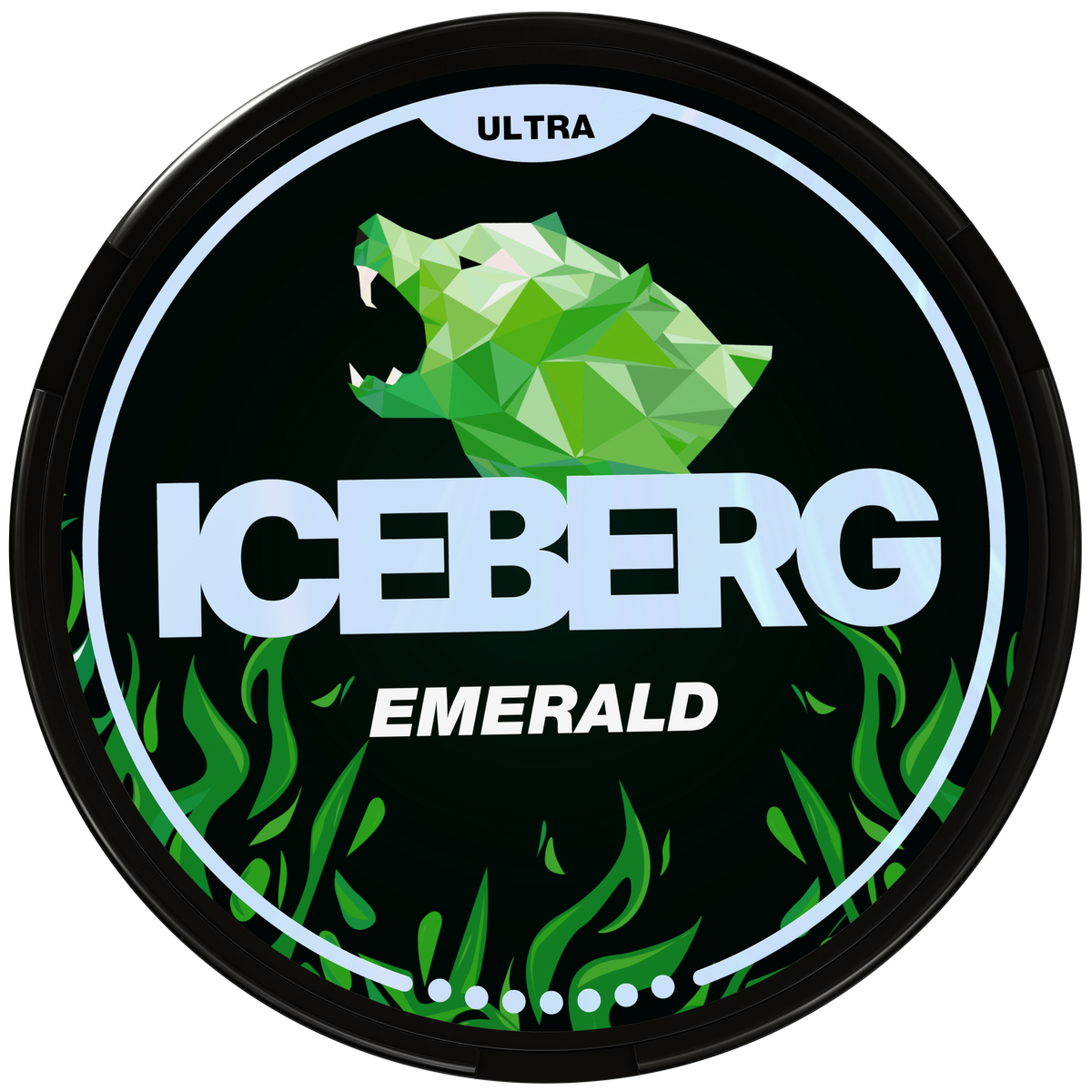 Iceberg Emerald Ultra Nicotine Pouches 56mg (70mg/g), Circular black can with green geometric polar bear design.