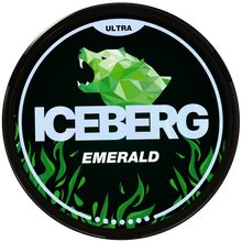 Iceberg Emerald Ultra Nicotine Pouches 56mg (70mg/g), Circular black can with green geometric polar bear design.