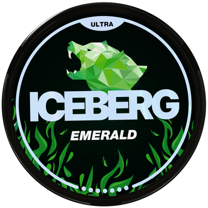 Iceberg Emerald Ultra Nicotine Pouches 56mg (70mg/g), Circular black can with green geometric polar bear design.