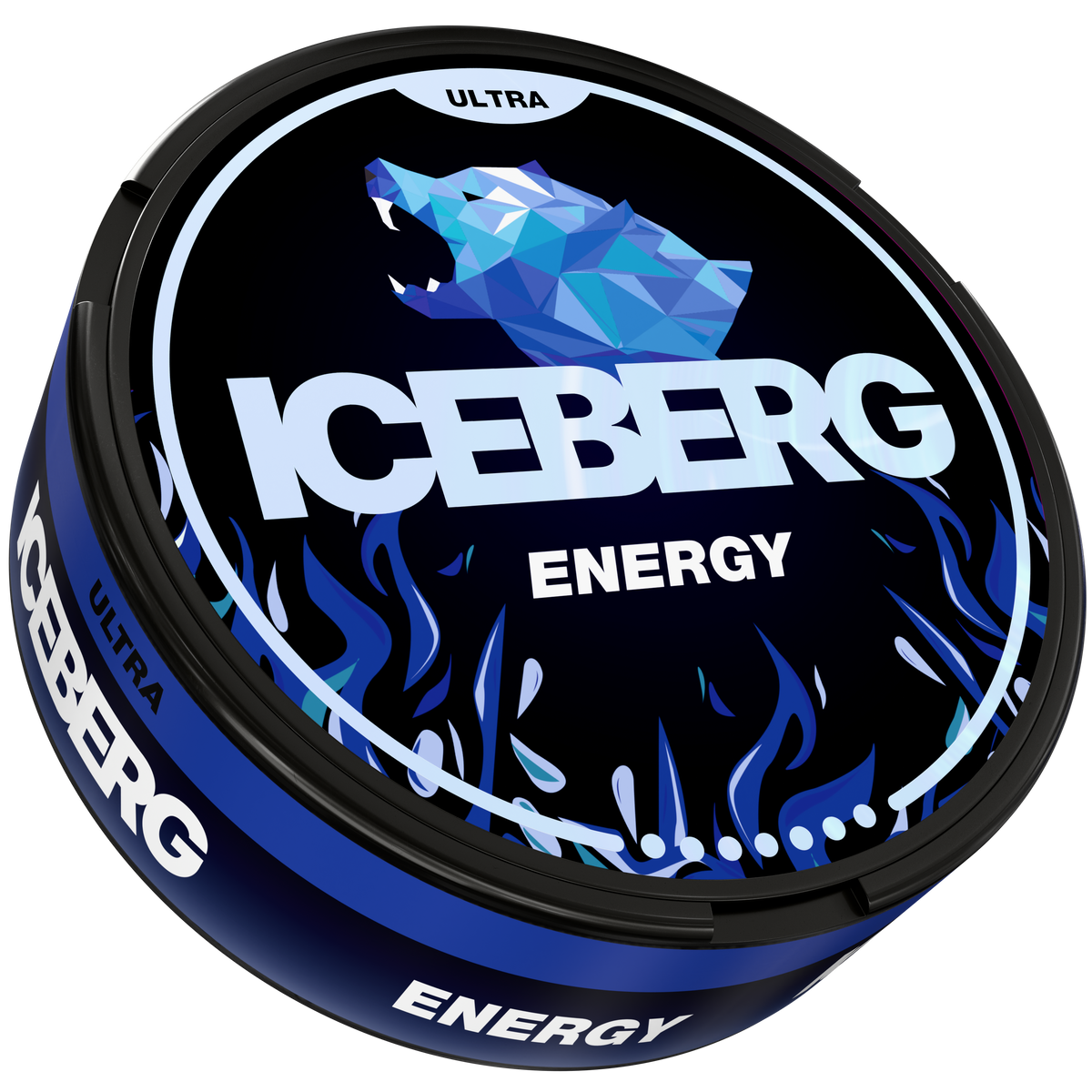 Iceberg Ultra Energy 56mg (70mg/g) Nicotine Pouches can with blue polar bear logo and energy drink flavour design.