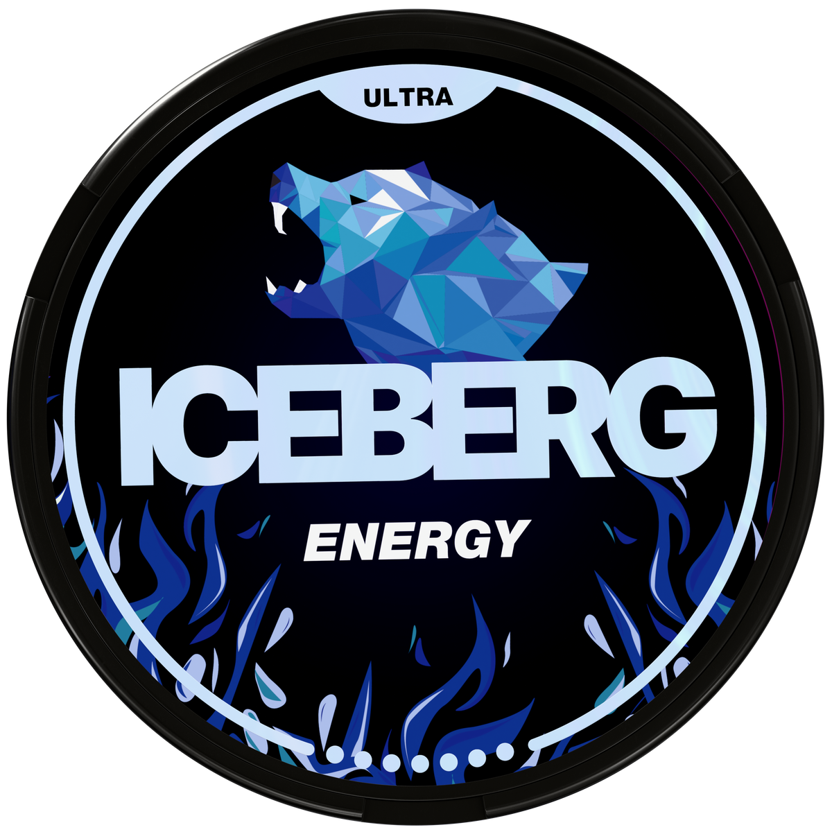 Iceberg Ultra Energy 56mg (70mg/g) nicotine pouches can lid with blue geometric polar bear logo and flame design.