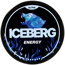 Iceberg Ultra Energy 56mg (70mg/g) nicotine pouches can lid with blue geometric polar bear logo and flame design.