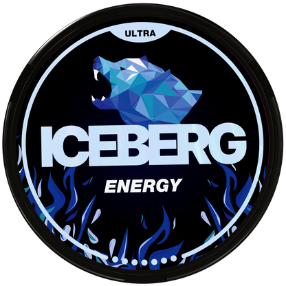 Iceberg Ultra Energy 56mg (70mg/g) nicotine pouches can lid with blue geometric polar bear logo and flame design.
