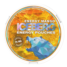 Iceberg Energy Mango Caffeine Pouches 75mg, nicotine free energy pouches with mango flavour and polar bear design.