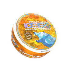 Iceberg Energy Mango 75mg nicotine free caffeine pouches in a bright orange tin featuring a polar bear logo.